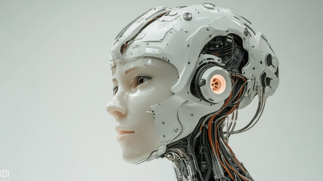 AI or artificial intelligence with the computer brain as a neural network. Programming and Deep machine learning of neural network. Robot Head with cybernetically mind. Abstract Interface elements.