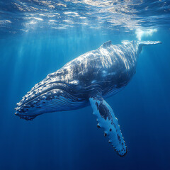 A majestic humpback whale swimming in the crystal-clear waters of the ocean