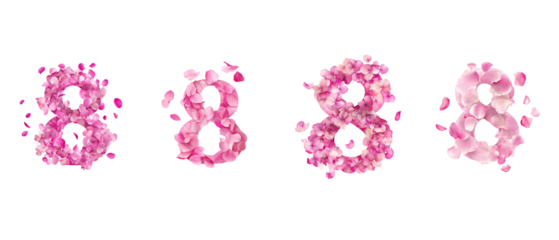 Pink petals floating around the number "8" on a white background.
