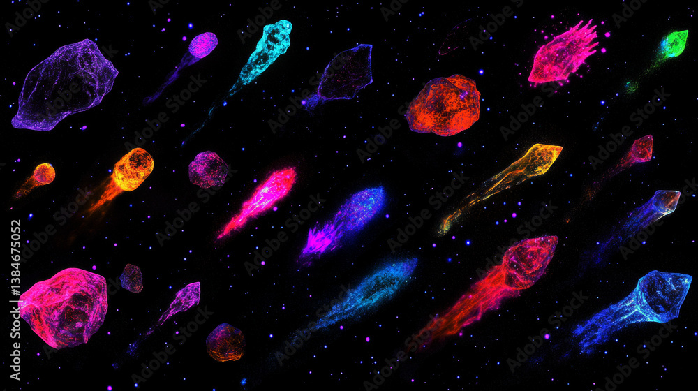 Poster galaxy asteroids, comets or meteorites with flaming tails. burning asteroids, stone and ice comets w