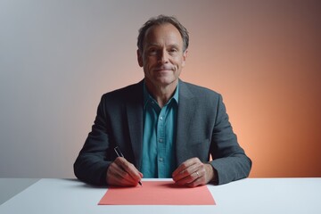 A middle-aged man in a suit sits at a table, pen in hand, ready to sign a coral-colored document.