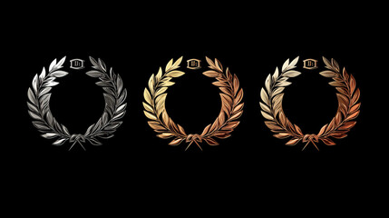 Obraz premium Golden, silver and bronze awards with laurel wreath for sports design, such logo. Vector version also available in gallery