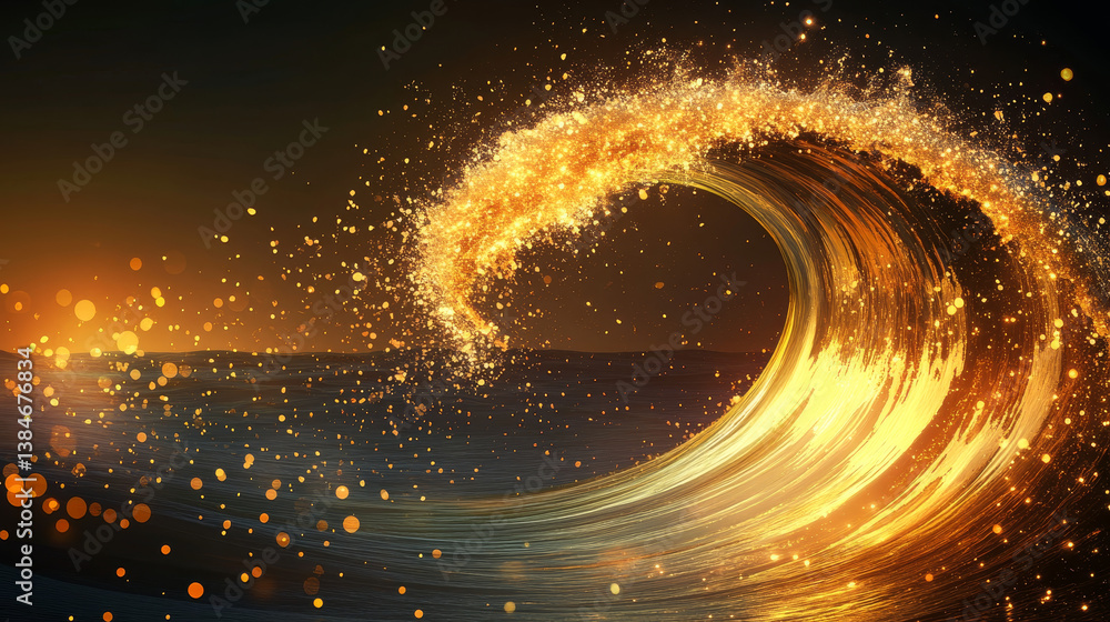 Poster golden sparkle circle wave. vector realistic glow, round shaped energetic spark. radiant and shimmer