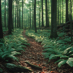 A patch of wild ferns growing in a shaded forest glen, surrounded by fallen leaves