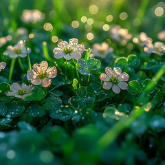 A patch of green grass with small white clover flowers, dewdrops sparkling in the morning light