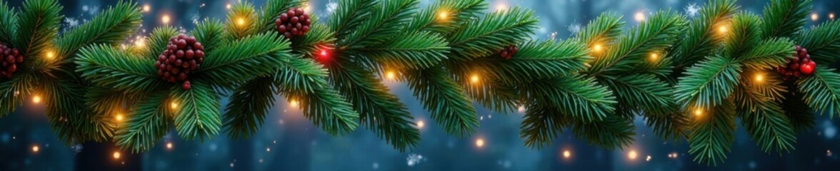 Obraz premium Dense fir branches forming a festive winter border, adorned with sparkling garlands and festive lights , coniferous, foliage, fir