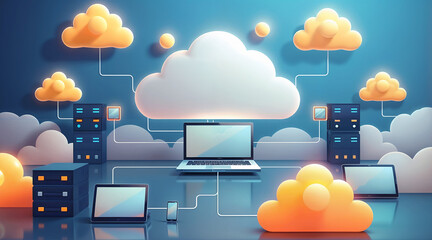 Cloud Server Room Illustration, Bright Data Storage Visuals with Online Connectivity, Multiple Devices Linked to Centralized Cloud Infrastructure