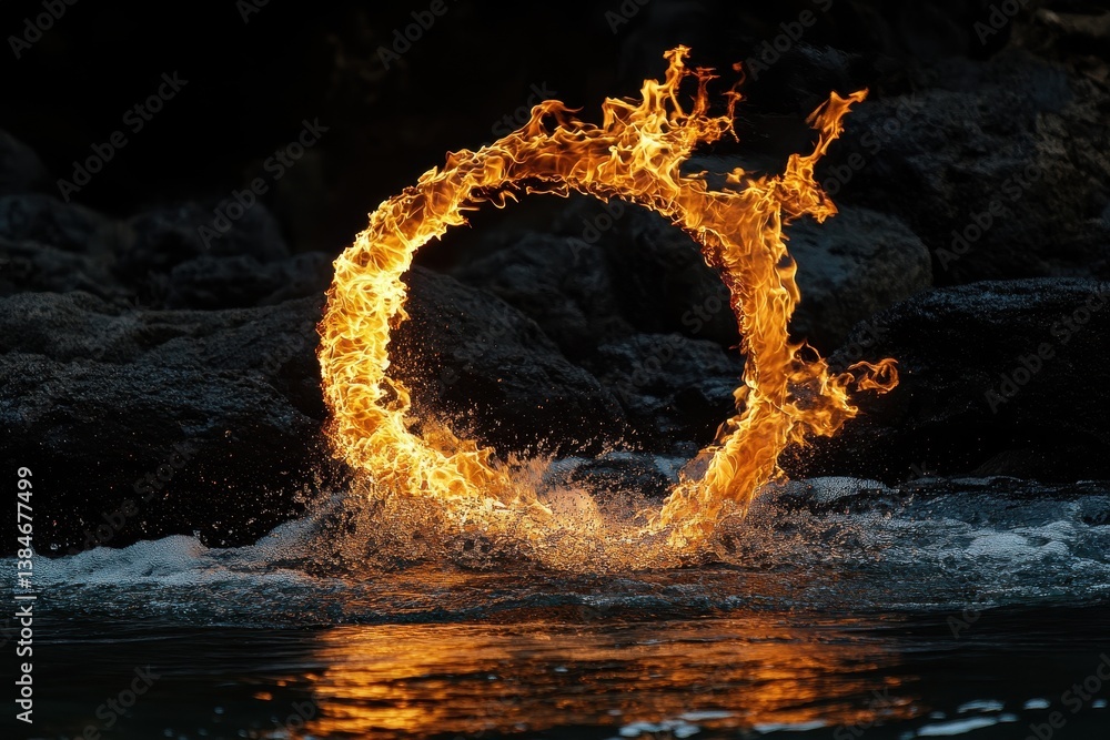 Poster Ring of flame erupts from water creating a spectacular display in a dramatic setting, spectacular appearance of a flame in a ring shape