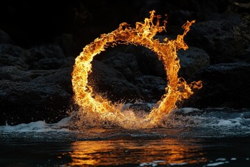 Ring of flame erupts from water creating a spectacular display in a dramatic setting, spectacular appearance of a flame in a ring shape