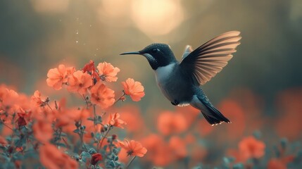 Fototapeta premium Hummingbird Hovering Near Vibrant Red Flowers. Generative AI