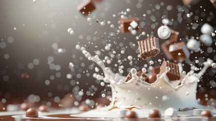 Dramatic caramel splash with milk and chocolate sauce on a dark background, featuring toffee and nougat pieces in a swirling liquid explosion.