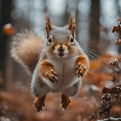 A playful squirrel jumping between tree branches in a forest
