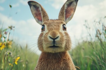 Obraz premium Wild European hare close up in a lush meadow during daylight, showcasing its expressive features and natural habitat, Wild European Hare Lepus Europaeus Close up on a country road