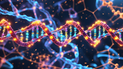 DNA A digital illustration of a DNA strand with glowing base pairs, surrounded by a dynamic swirling background of molecular structures (2)