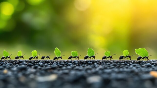 Ants carrying leaves, nature, teamwork, sunlight