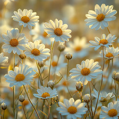 A soft and delicate daisy field stretching into the distance, with a soft bokeh background