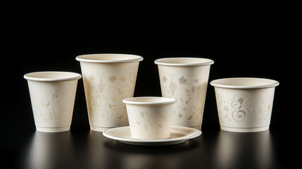 Set of to go and takeaway paper coffee cups in different sizes and coffee cups on saucers. Objects isolated on transparent background.