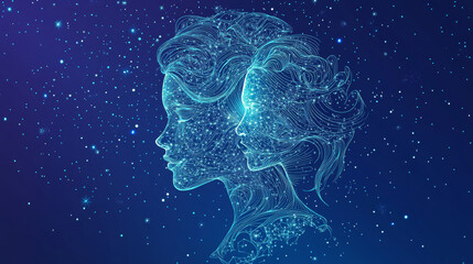 Fototapeta premium Gemini zodiac sign. Vector illustration of astrological symbol. Image depicting the twins sign of the zodiac on the blue background. Picture showing constellation of Gemini.