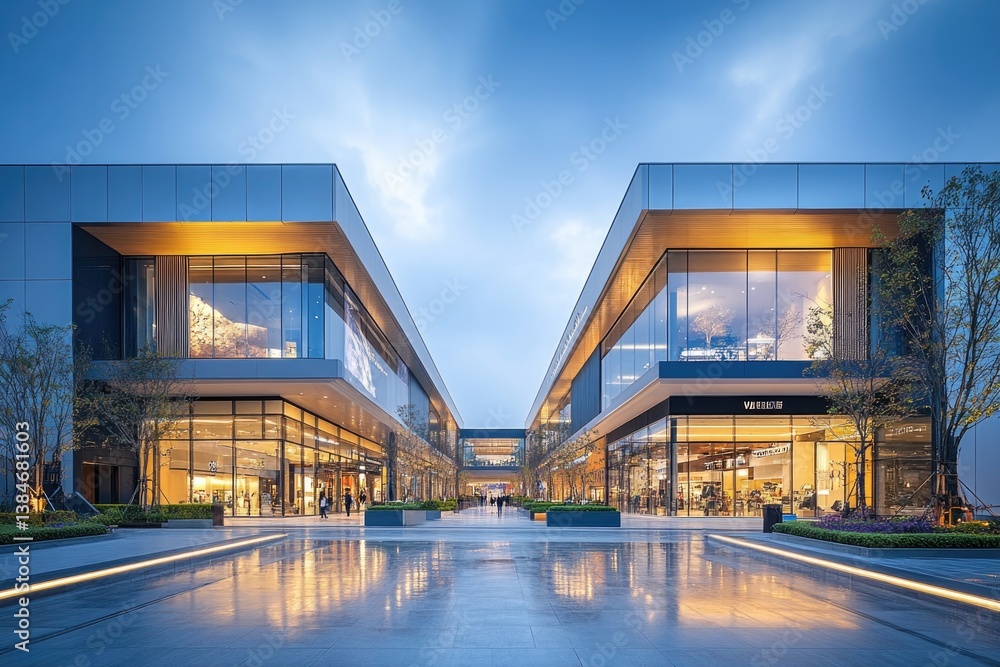 Poster wide-angle shot of shopping mall with minimalistic design capturing sleek architecture and modern st
