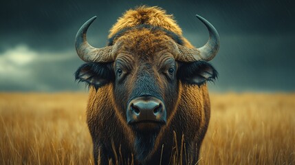 Majestic Buffalo in Stormy Field. Generative AI