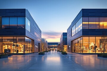 Fototapeta premium wide-angle shot of shopping mall with minimalistic design capturing sleek architecture and modern storefronts