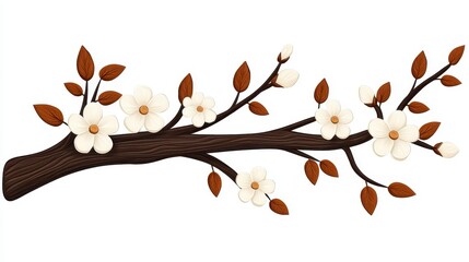 Naklejka premium Horizontal Branch with White Blossoms and Brown Leaves