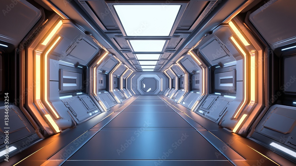 Poster futuristic corridor with symmetrical design and bright lights illuminating the metallic structure