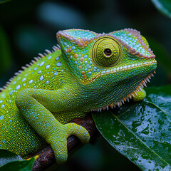 A vibrant green chameleon blending into its surroundings on a tree branch