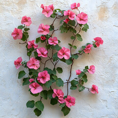 A vibrant pink bougainvillea climbing along a white stucco wall