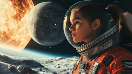 Astronaut girl in orange spacesuit on lunar surface with planets in the background looking forward