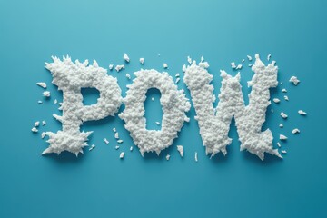 Creative display with powder arranged to spell out pow on a vibrant blue background, pow text over blue background