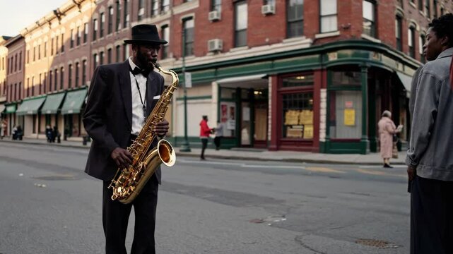 Saxophonist performing on harlem street