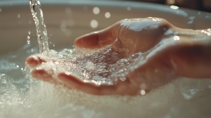 Fototapeta premium Clear water cascades over an open hand beneath a faucet, each droplet sparkling in motion against the bright white sink, symbolizing freshness and hygiene.
