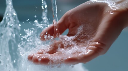 Clear water cascades over an open hand beneath a faucet, each droplet sparkling in motion against the bright white sink, symbolizing freshness and hygiene.

