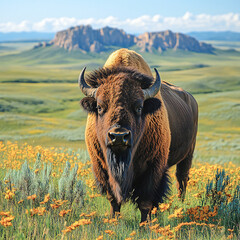 A wild bison standing proudly in a wide-open prairie, with mountains in the distance