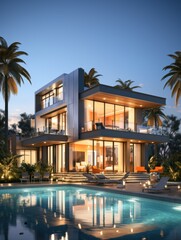 Fototapeta premium Modern luxury home with pool and palm trees at dusk showcasing architectural design and landscaping
