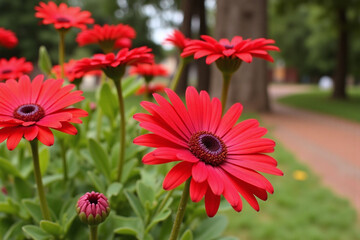 red flowers in the grass on a sunny day
