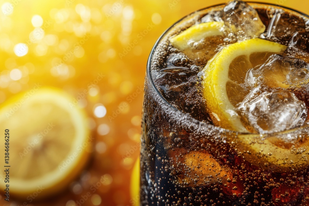 Poster refreshing ice-cold soda with lemon slices and fizzy bubbles in a glass on a bright sunny background