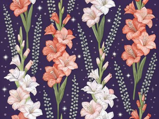 A beautiful, seamless floral pattern featuring vibrant orange-pink gladiolus flowers and delicate white wildflowers against a dark purple night sky backdrop.