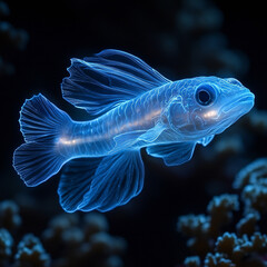 A colorful tropical yellow tang fish swims in blue aquarium water