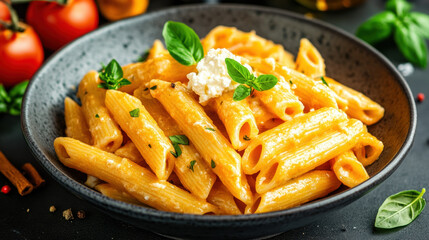 Menu of tomato, Delicious pasta dish served with fresh herbs and cheese on a dark plate.