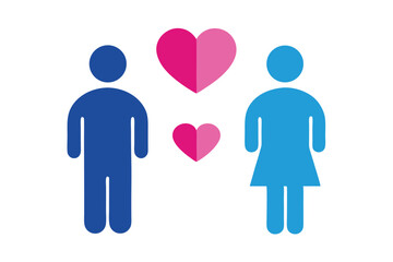 Blue Man and Woman Silhouette Figures with Heart Symbol on White Background