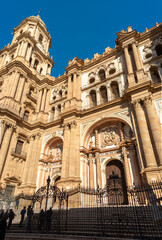 Malaga, Spain: Entrance facade of the Cathedral with the bell tower