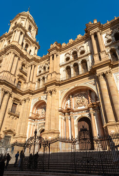 Malaga, Spain: Entrance facade of the Cathedral with the bell tower