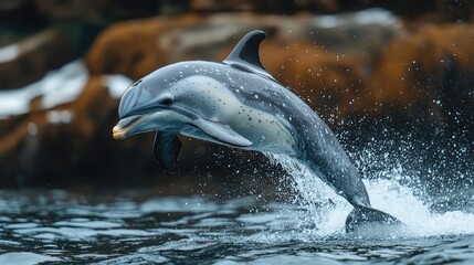Obraz premium Dolphin leaping out of the water, showcasing agility and grace against rocky background