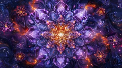 Obraz premium Vibrant Purple and Orange Fractal Flower Mandala Design Abstract Art Background