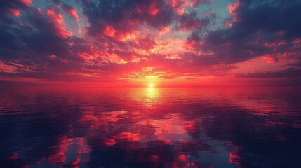 Naklejka premium Vibrant sunset over calm ocean waters with dramatic clouds reflecting warm colors