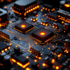 A close-up of a futuristic electronic circuit board with glowing connections and advanced chips