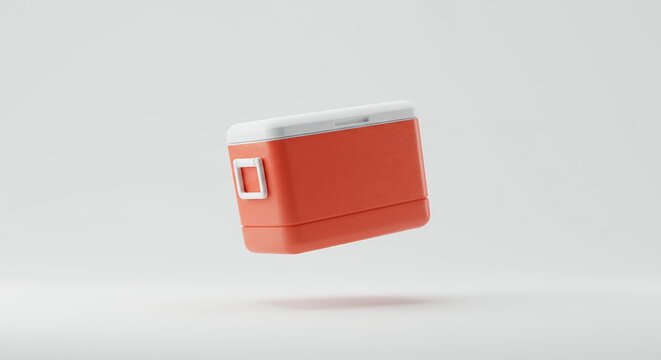 Isolated red cooler box on white background, portable refrigeration equipment