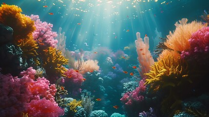 Obraz premium Vibrant Coral Reef Underwater Scene with Colorful Fish and Sunbeams A Stunning View of Ocean Life
